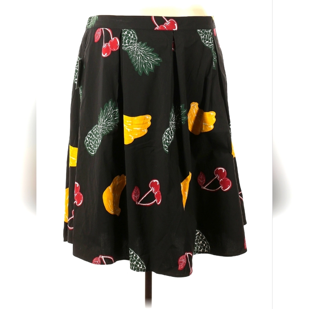 Eloquii Black Midi Skirt with Fruit Print